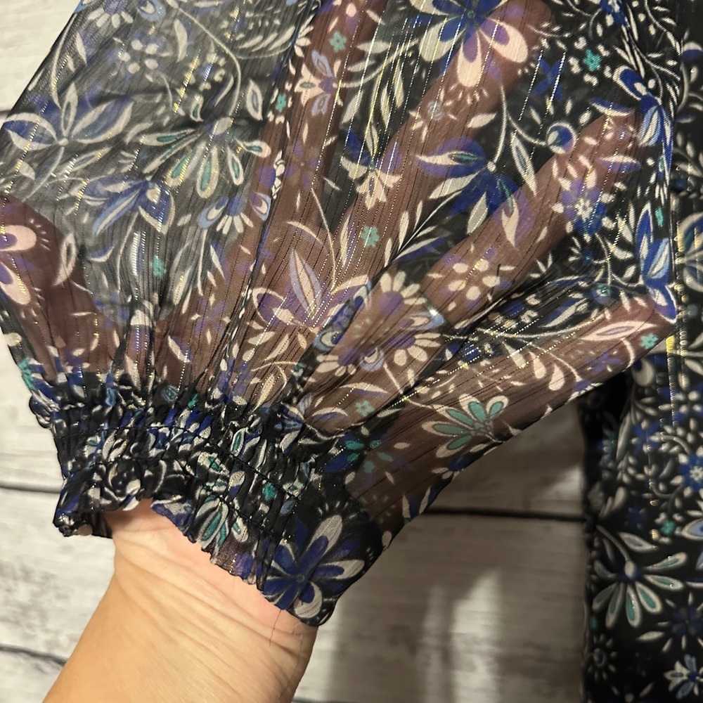 LOFT Black Floral Dress Size 8 | Sheer Overlay Tie Waist - Picture 3 of 7